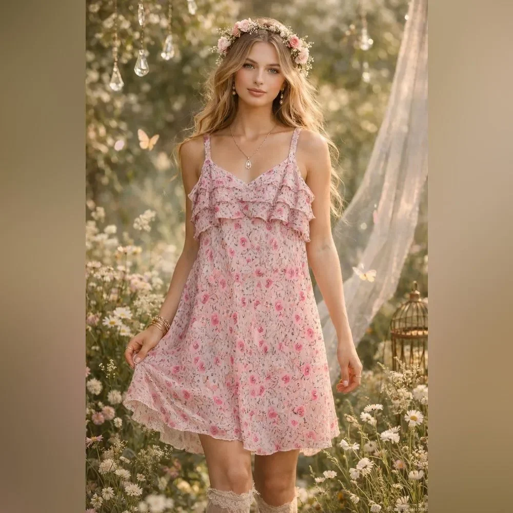 Vintage Y2K Ann Taylor Pink Floral Silk Fairy Dress 10 Petite Feminine Ruffled